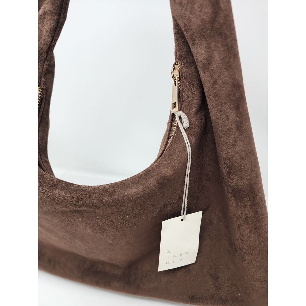 A New Day Brown Faux Suede Slouchy Hobo Handbag Gold Zipper Shoulder Bag NWT - Picture 2 of 9